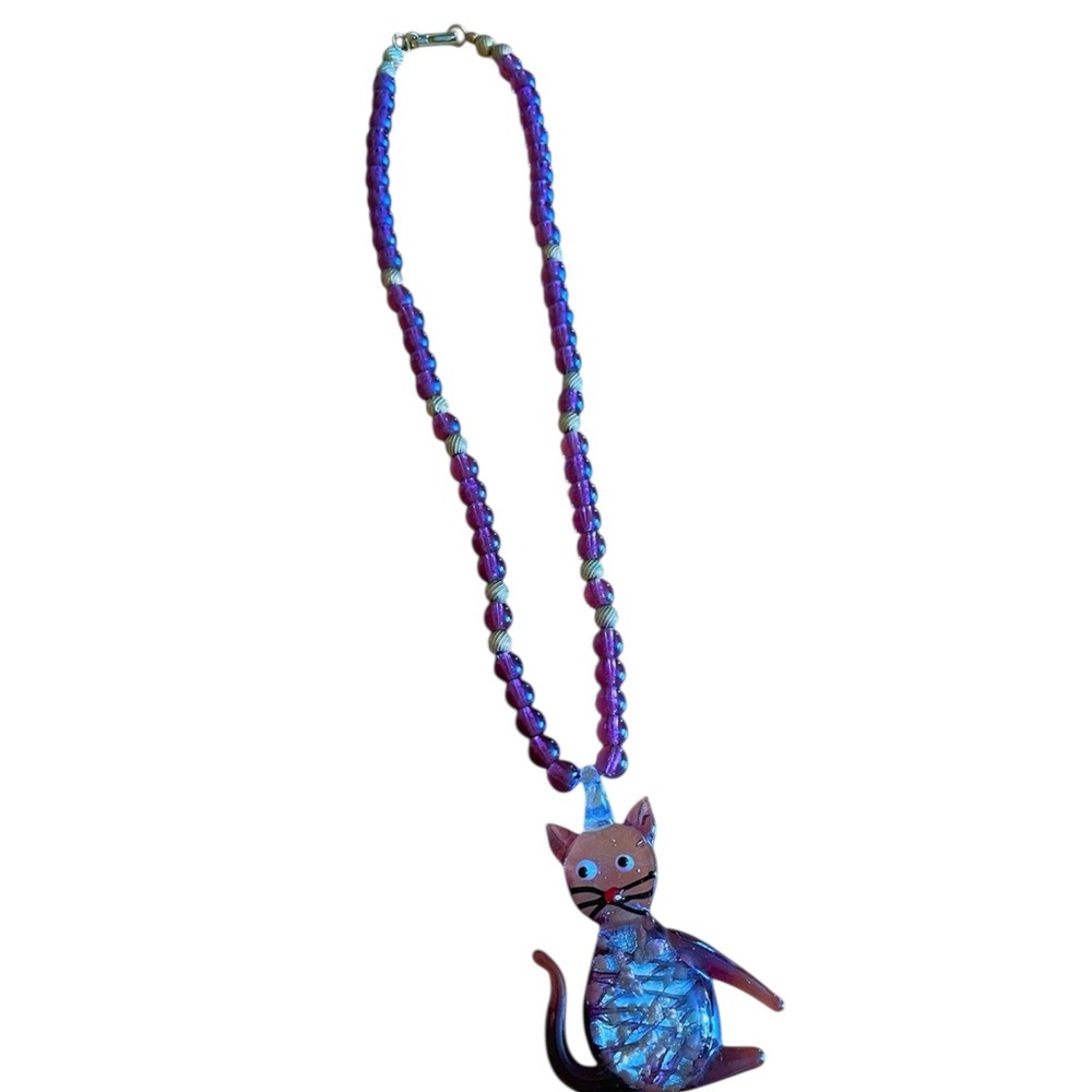 Handcrafted Purple Cat Pendant Necklace for Cats Lovers 20 inch.